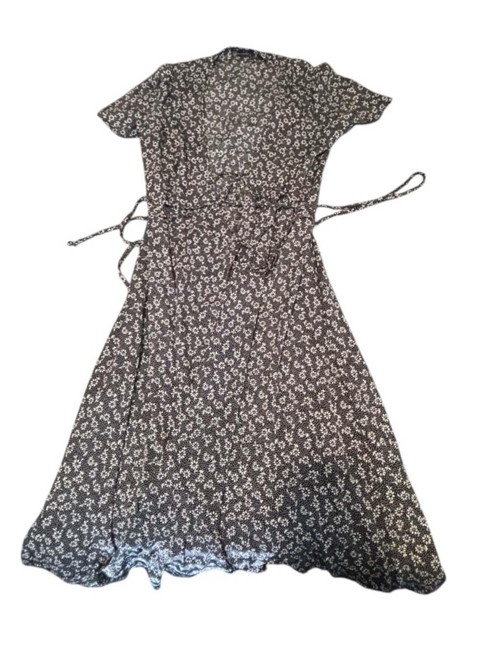 Black Floral Tie-Waist Midi Dress